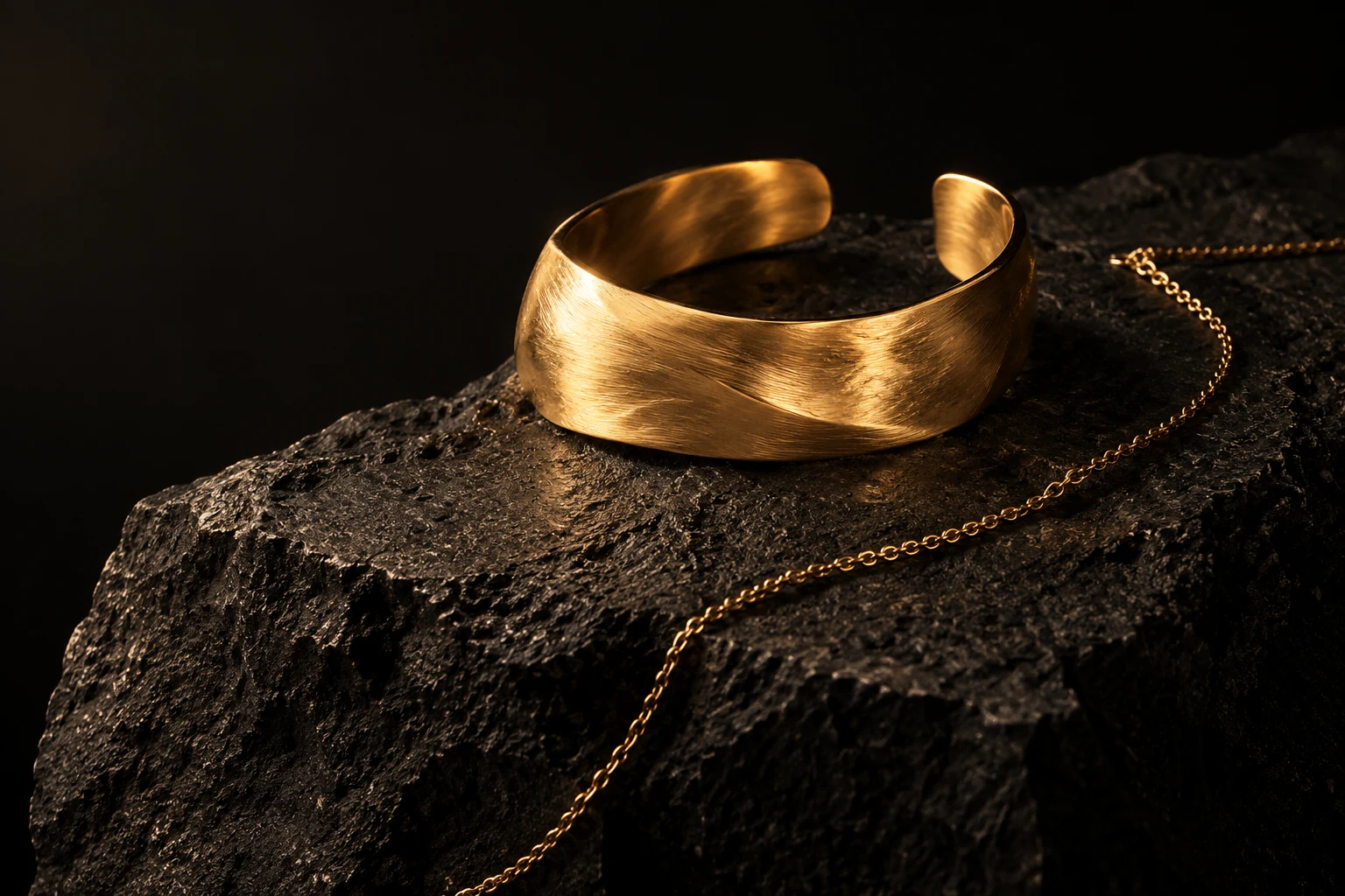 Fictional jewellery still life with a gold cuff on dark basalt