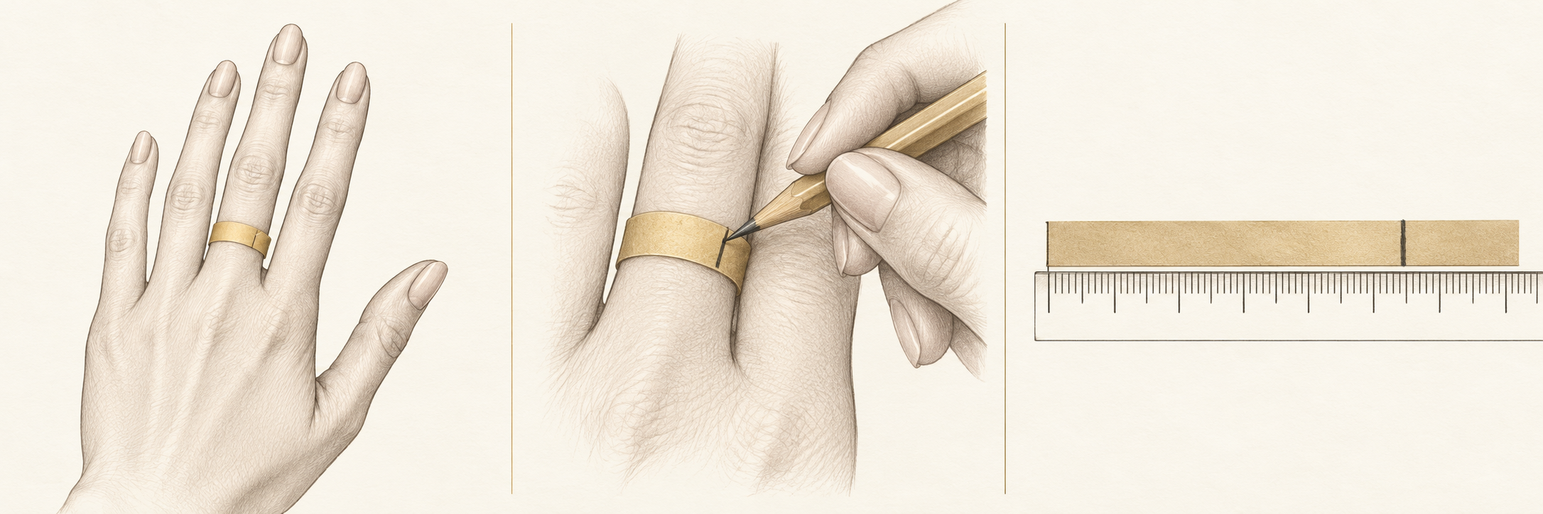 Three steps: wrap a paper strip around your finger, mark the overlap, then measure its length with a ruler.